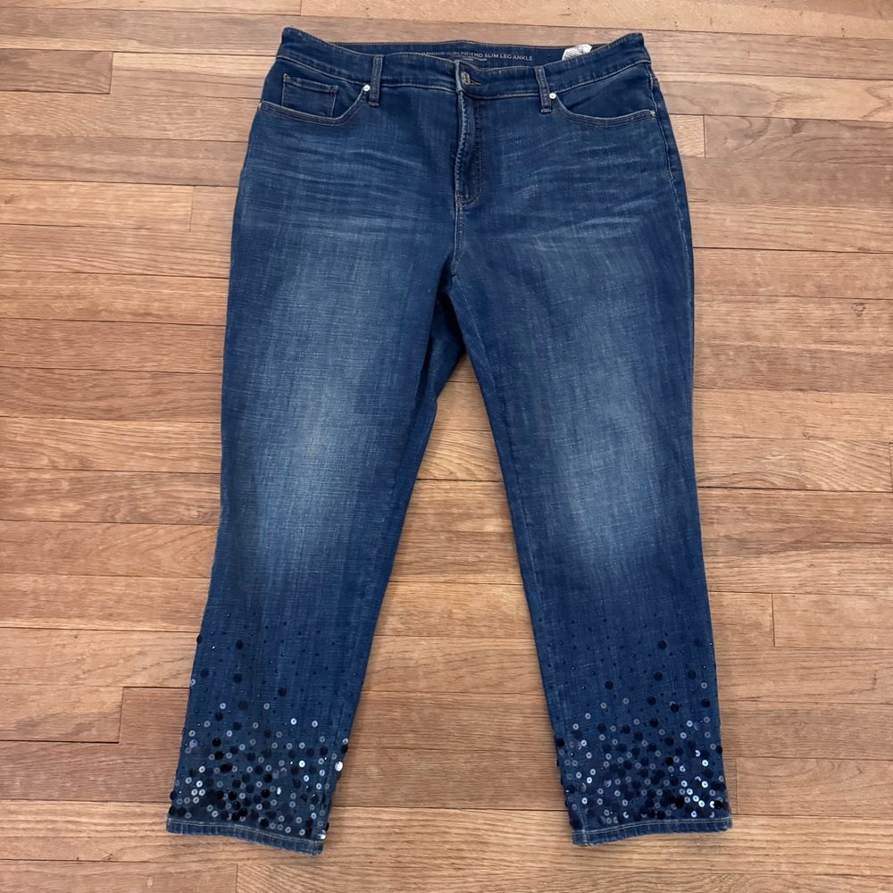 Chico's Dark Blue Straight Leg Jeans with Sequin Hem